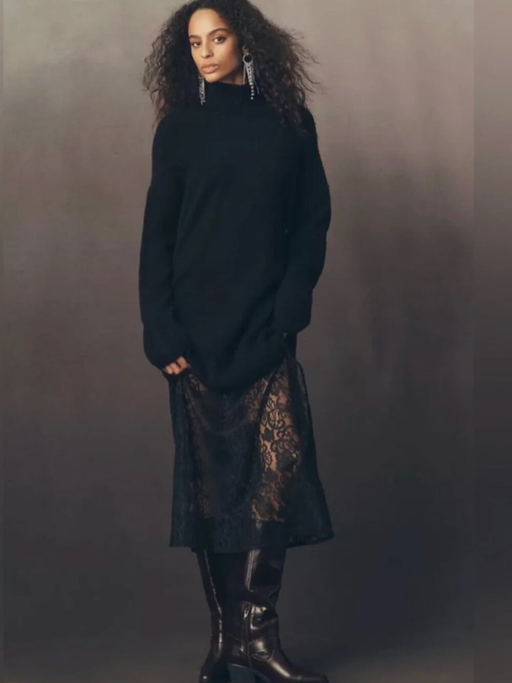 NWT! Anthropologie Black Sweater Lace Twofer Midi Dress - Medium Petite